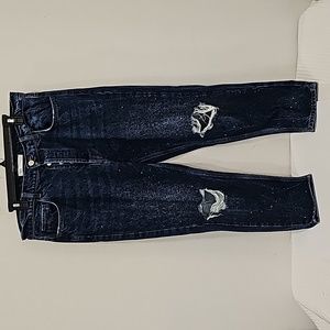 Zara Jeans blue rhinestones distressed 5 pockets, Size 36 button fly Chic